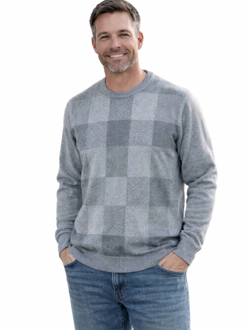 Van Heusen Gray Buffalo Check Cotton Sweater Men’s XL Crewneck Vintage